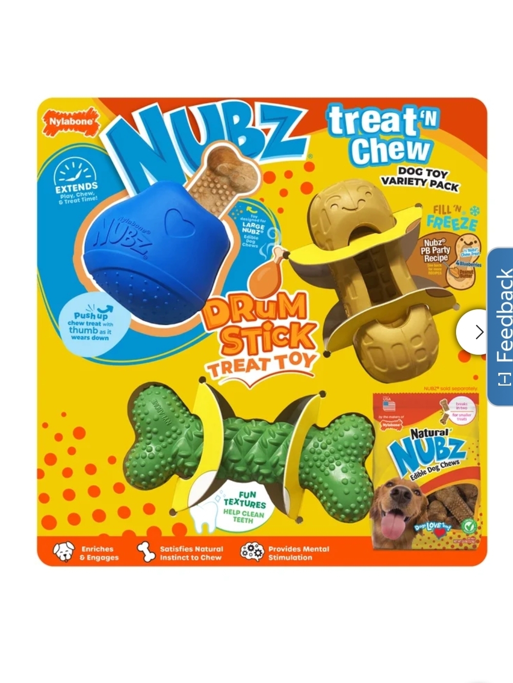 Nubz Treat 'N Chew Drum Stick Dog Toy Variety Pack - Blue/Green/Tan